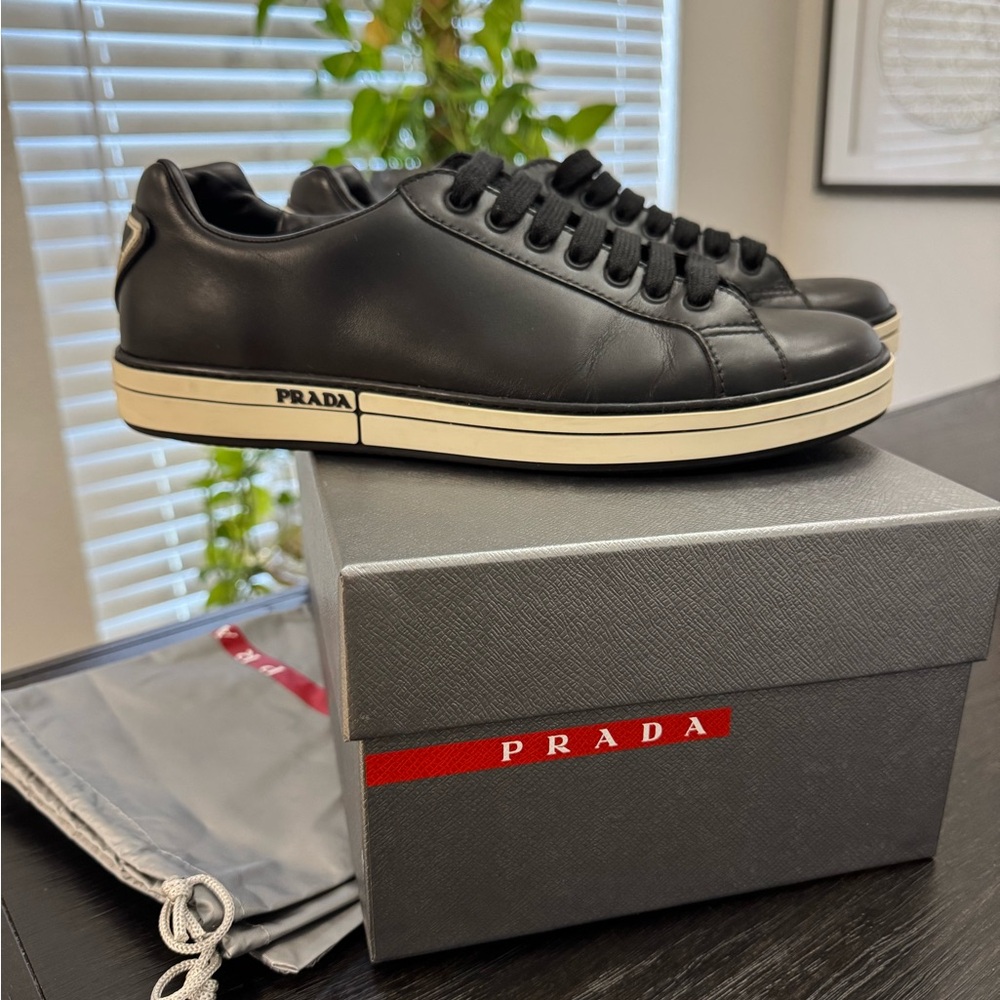 Prada Men's Black Leather Sneakers with White Sole